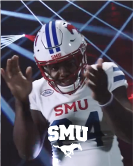 An SMU football player is clapping and excited